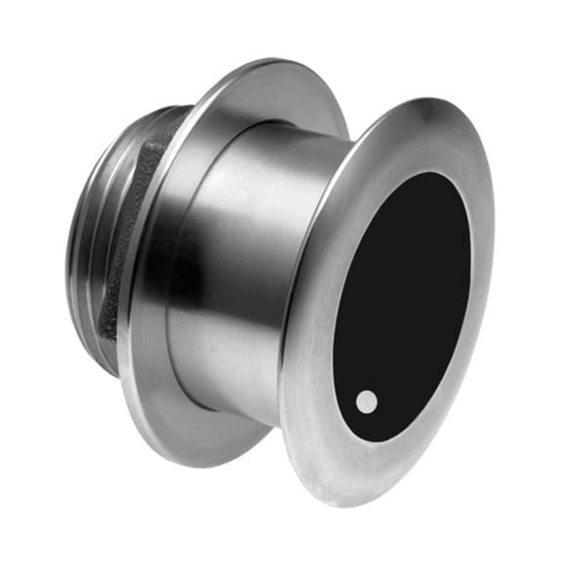 Raymarine SS175L 1kW through hull CHIRP transducer 20 degree tilt A80504, angled view of the stainless body and flange