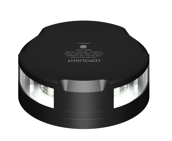 Lopolight NL201-012-FB-B 2,5M black 360 degree white light, three-quarter view with clear lenses and engraved top