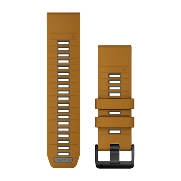 Garmin QuickFit 26 watch bands 010-13393-03 in a tan brown silicone, long and short halves with black buckle