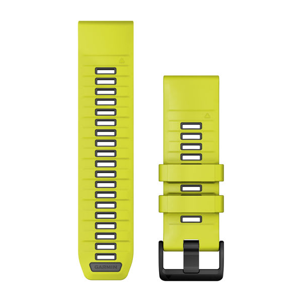 Garmin QuickFit 26 watch bands 010-13393-08 in Amp Yellow silicone, long and short halves with black buckle