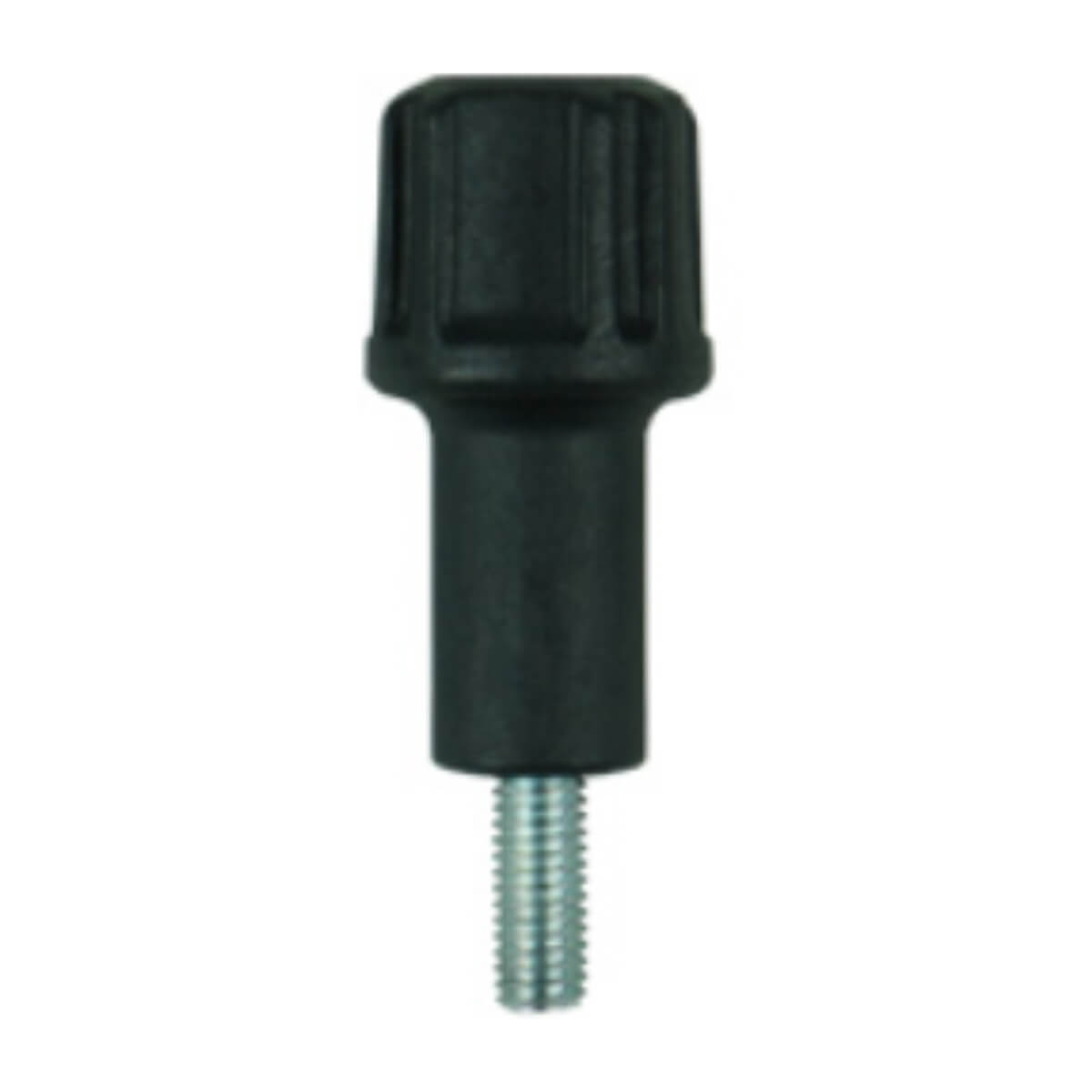 Tacx star knob S0020, black ribbed knob with a threaded steel stud shown upright on white