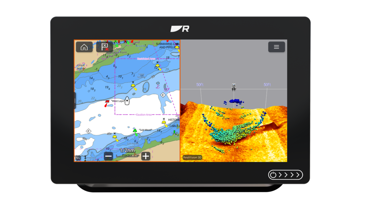 Raymarine Axiom+ 9 RV E70637-00-NEU multifunction display, front view with chart and sonar split screen showing