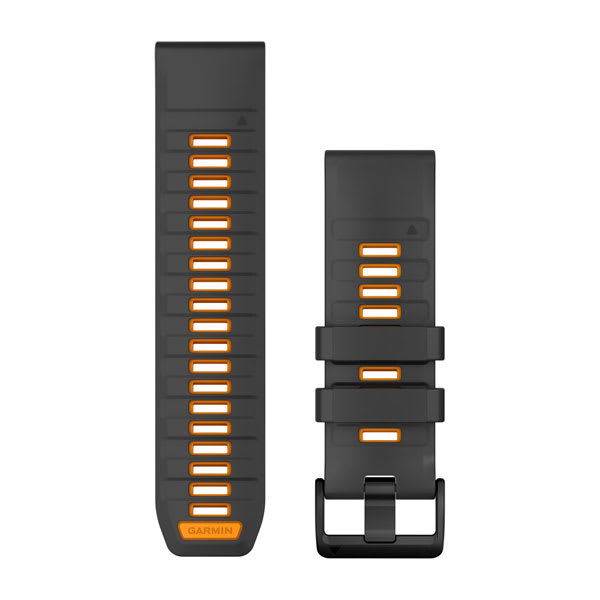 Garmin QuickFit 26 watch bands 010-13393-05 in Graphite and Spark Orange silicone, both band halves shown