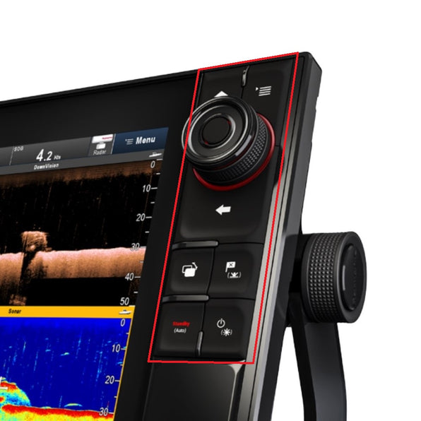 Raymarine R70450 eS9 and eS12 keypad assembly, close view of the black keypad with rotary controller and red outline