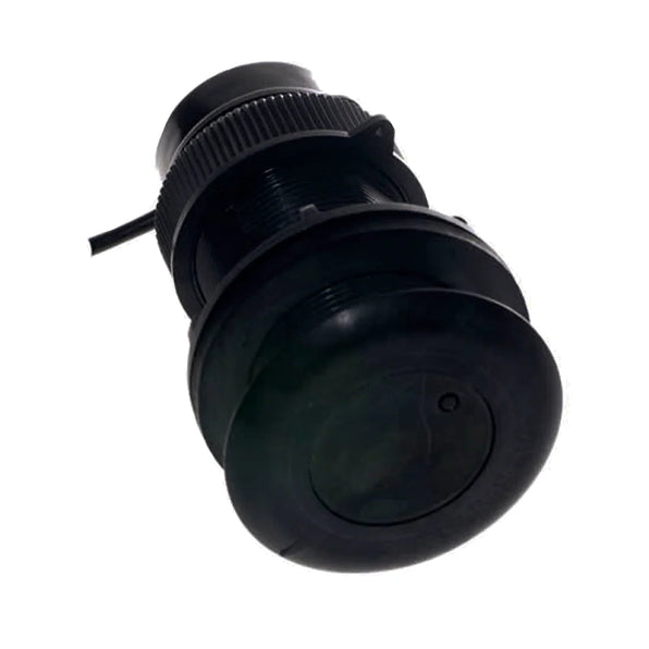 Raymarine T914 active depth and temperature transducer, black plastic through hull body with a flat face and a cable