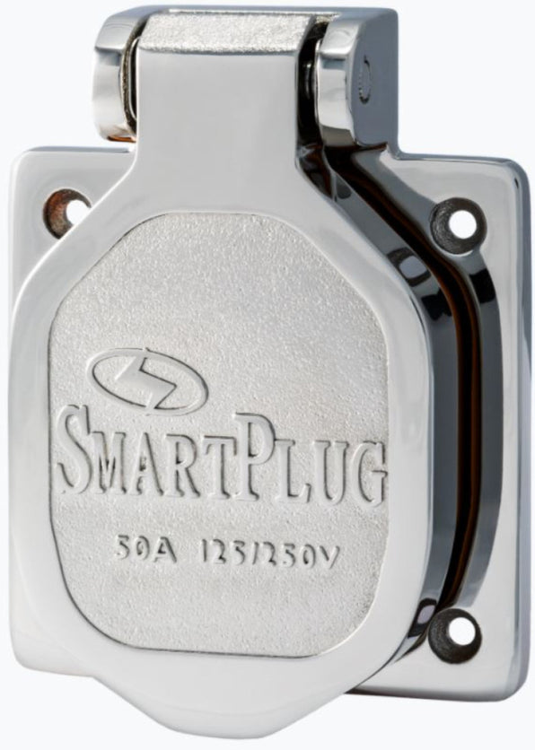 SmartPlug BM50S stainless steel shorepower inlet 240V 50A IP56, polished steel flap printed SmartPlug 50A 125/250V