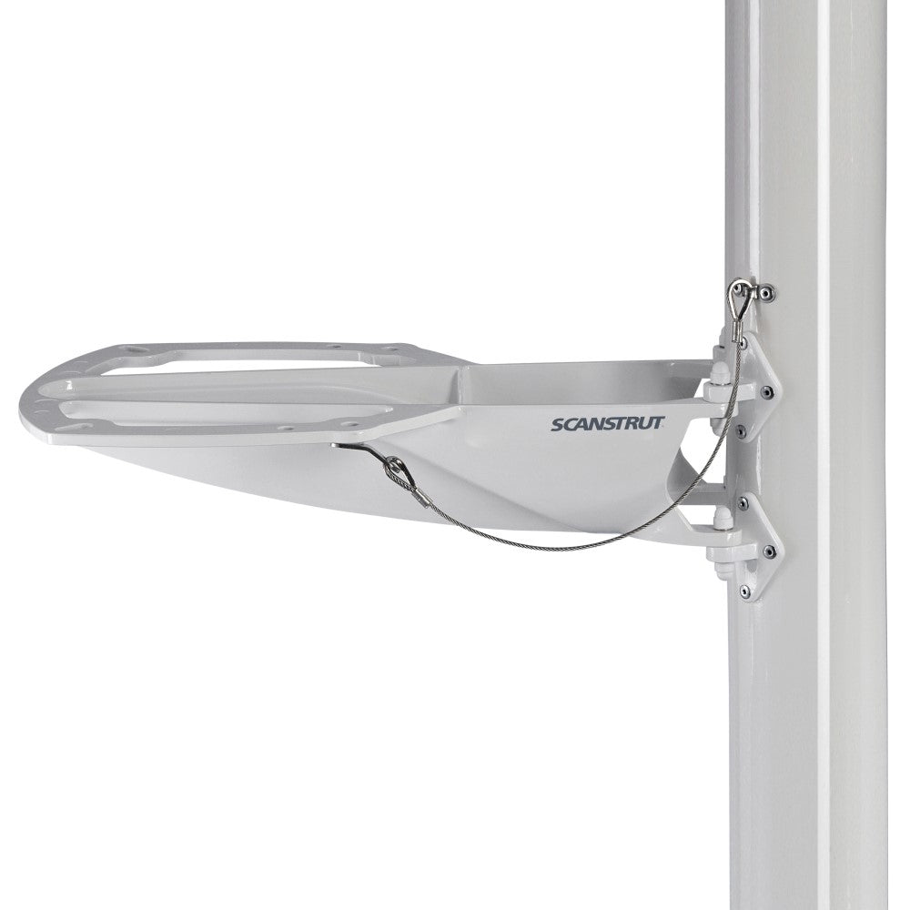 Scanstrut SC2-1 pole mount, white radar tray fixed to a mast with stainless wire and clamp brackets, side view
