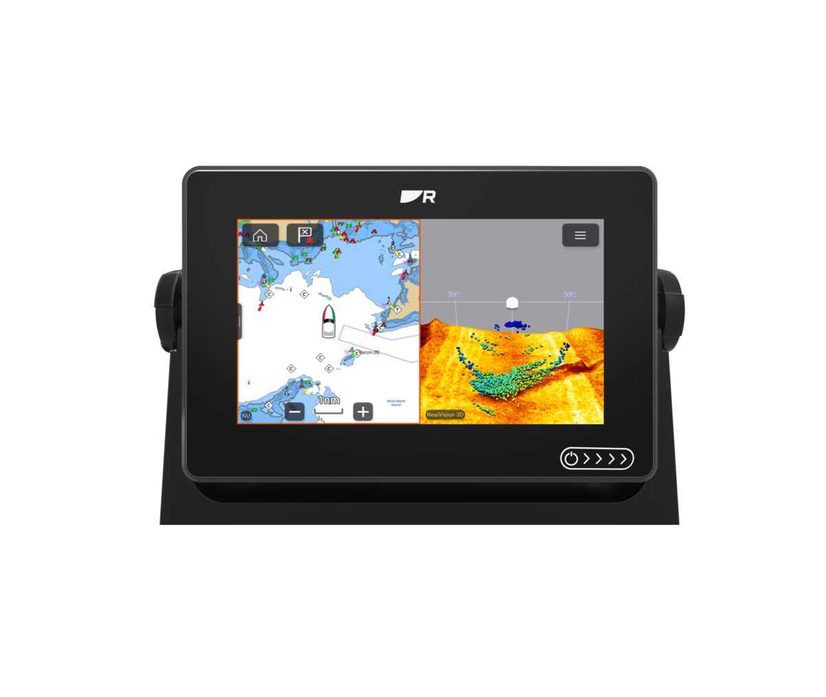 Raymarine Axiom+ 7 RV E70635-00-NEU display on its bracket, angled front view with chart and sonar split screen