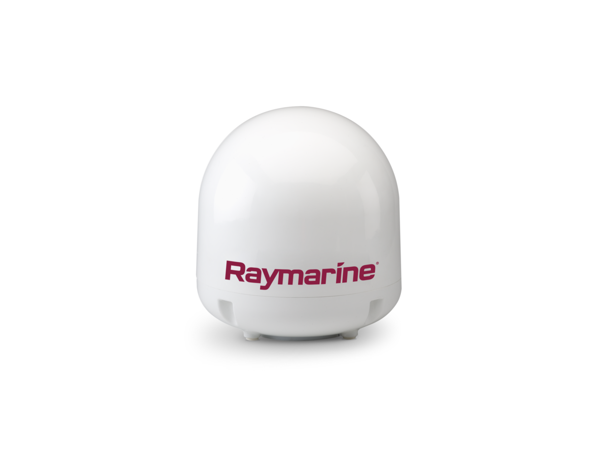 Raymarine 45STV 45cm auto-skew satellite TV antenna E70466, front view of the white dome with the Raymarine logo