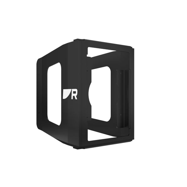 Raymarine A80716 Alpha 9 single mast bracket portrait, empty black steel bracket with an R logo on its side