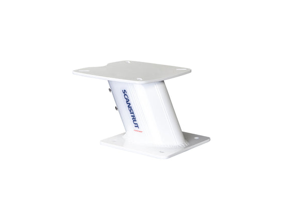 Scanstrut APT-150-02 white aluminium 150mm PowerTower, angled radar riser with Scanstrut logo on a white background