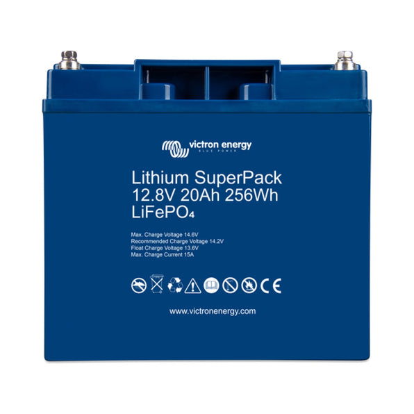 Victron BAT512020705 Lithium SuperPack 12.8 V 20 Ah, dark blue battery case with LiFePO4 text and charge limits