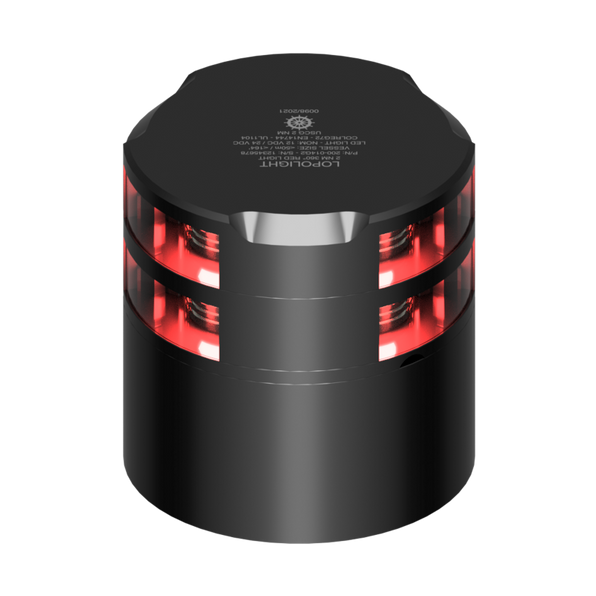 Lopolight NL300-114G2ST-B black double-tier red 360° light with aluminium base, two red lens bands, front view