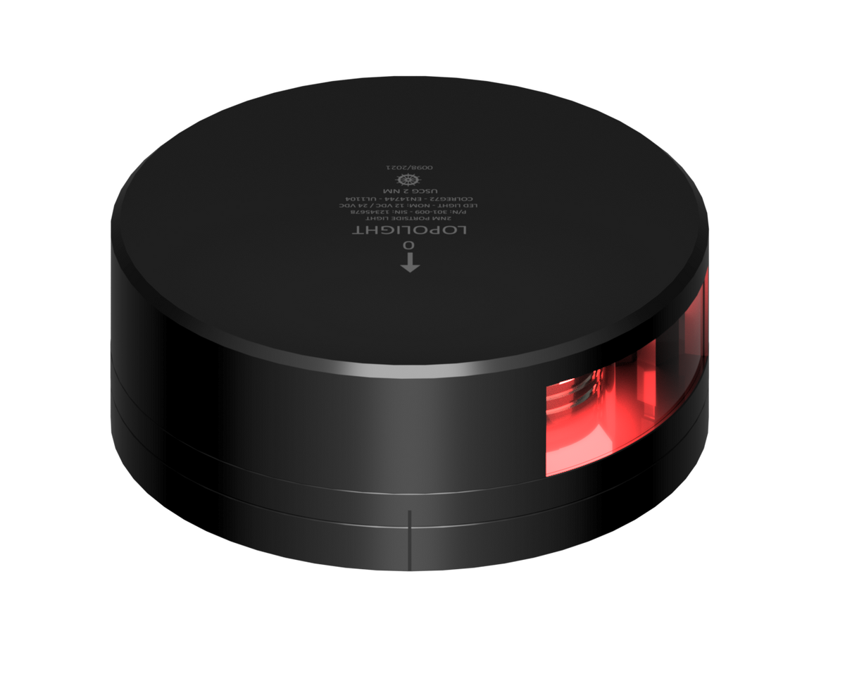 Lopolight NL301-009-FB-B 6M black anodised port light, red lens visible, FB base, three-quarter view
