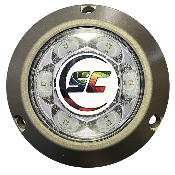 Shadow-Caster SC3-CC-ALSM SC3 series anodized aluminium underwater light, round dark grey housing, LEDs, colourful SC logo