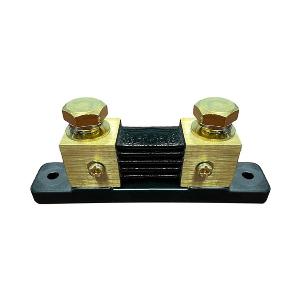 Victron SHU500050100 500 A 50 mV shunt no connection PCB, brass bars with brass bolts on a black base