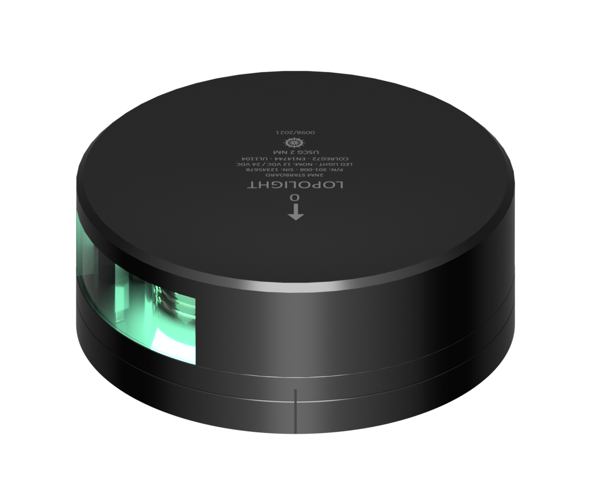 Lopolight NL301-008-FB-B black anodised starboard light with FB base, green LED lens visible, three-quarter view