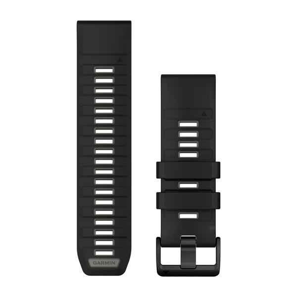 Garmin QuickFit 26 watch bands 010-13393-00 in black silicone with pebble gray, both band halves shown