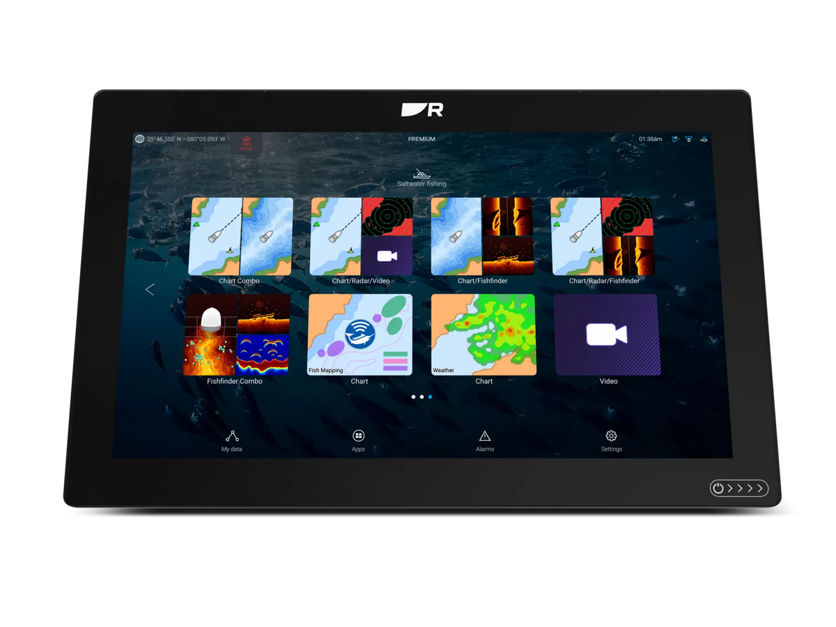 Raymarine T70545 Axiom 2 XL 16 chartplotter kit, black widescreen MFD showing a home screen of coloured app tiles