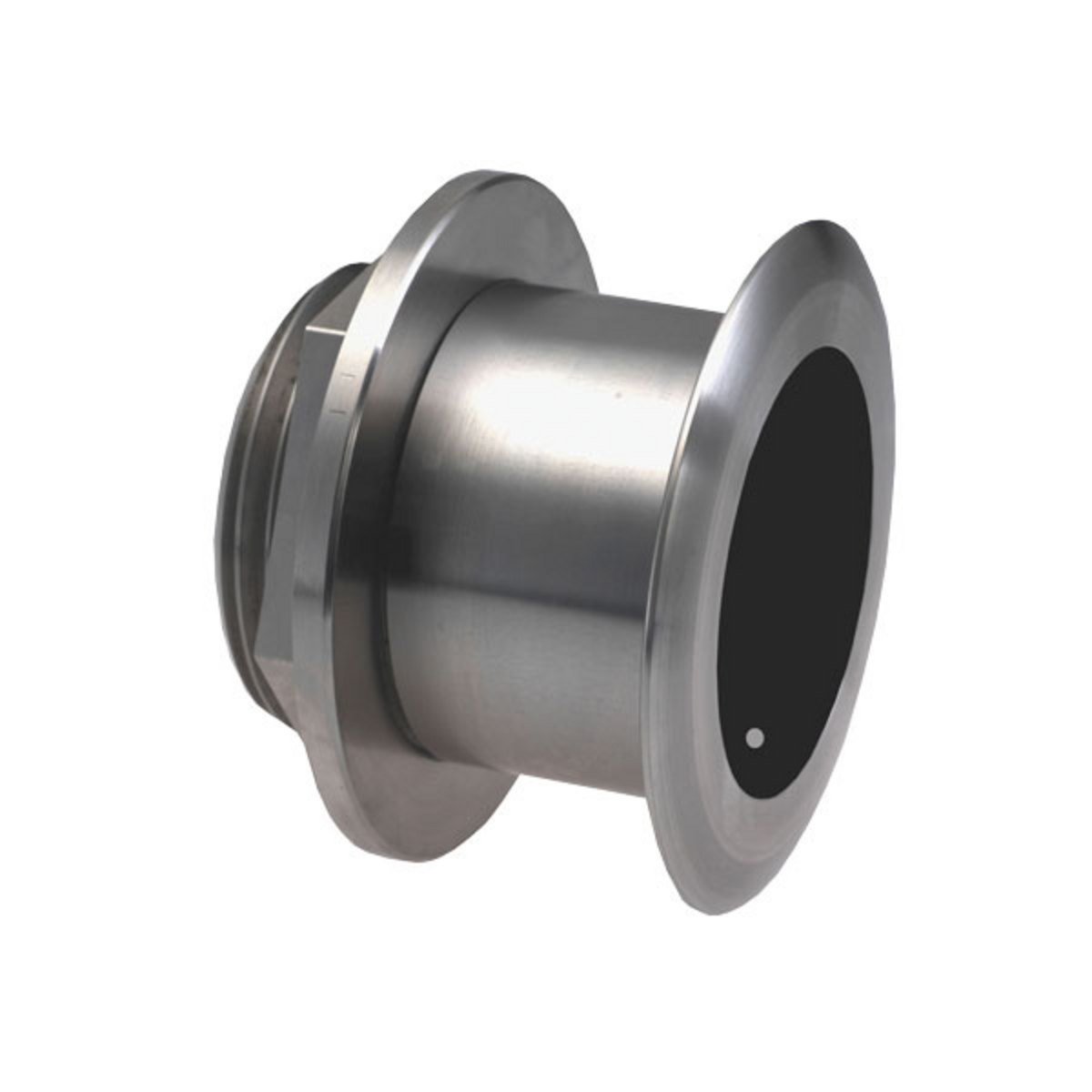 Raymarine SS164 1kW through hull transducer 20 degree A66099, angled view of the stainless body and flange