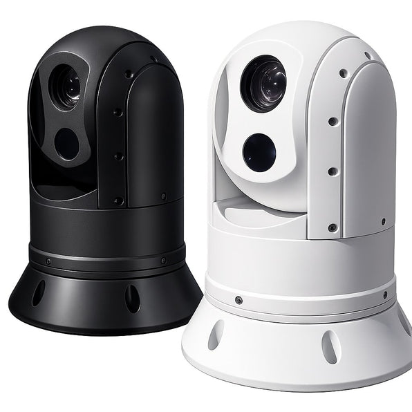 Iris ATOM A295 dual-payload thermal and day IP PTZ camera, black, 00107-001, one black and one white unit side by side