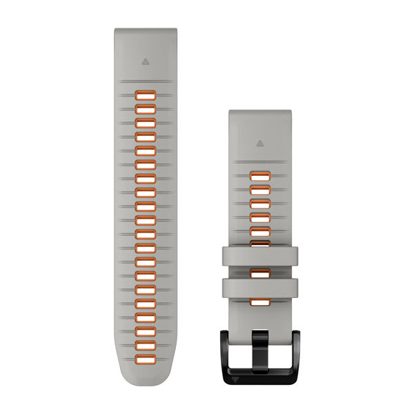 Garmin QuickFit 22 mm watch bands 010-13280-02 in Fog Grey and Ember Orange silicone, both band halves shown