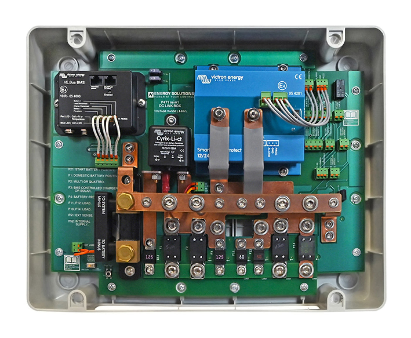 DC Link Box for use with Victron 'Smart' Lithium battery range. c/w Smart Shunt, Cyrix and Battery Protect