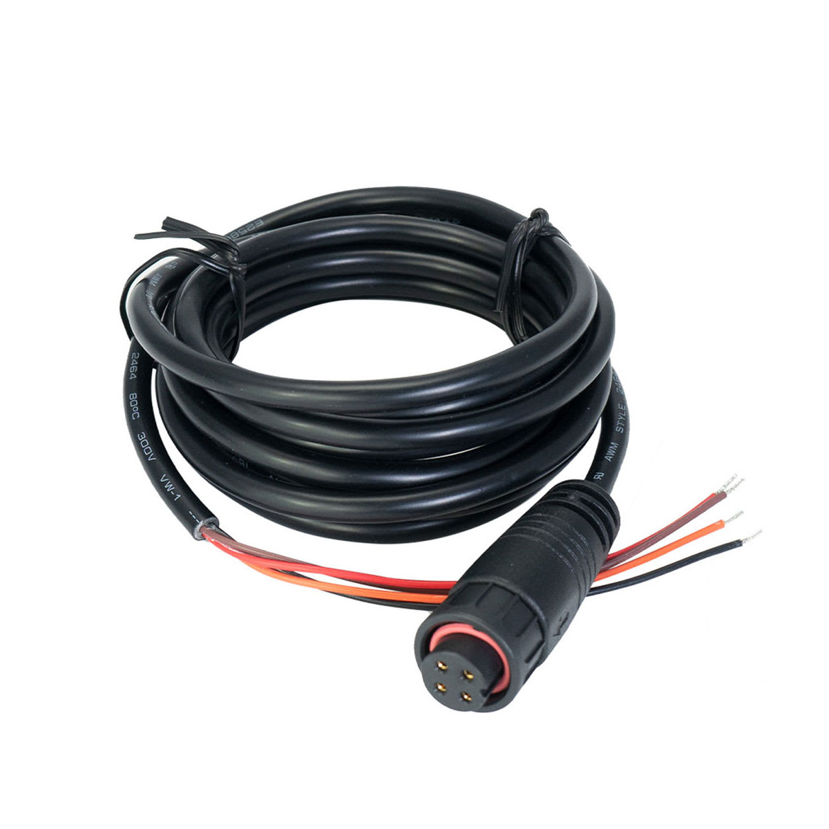 Garmin Cortex 010-13297-00 audio cable, coiled black lead with red-ringed round plug and bare wire ends