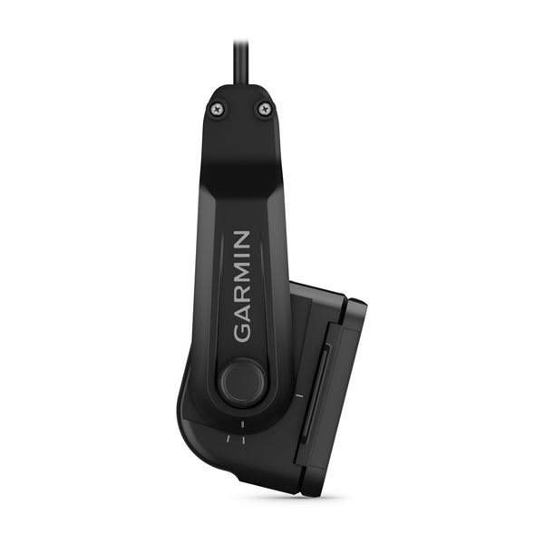 Garmin Panoptix PS22-IF portable live sonar 010-01945-10, front view of the black transducer with cable and Garmin logo