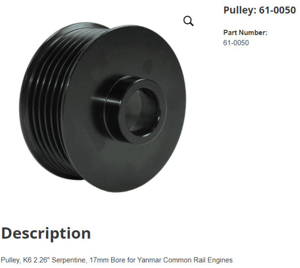 Pulley, K6 2.26" Serpentine, 17mm Bore for Yanmar Common Rail Engines
