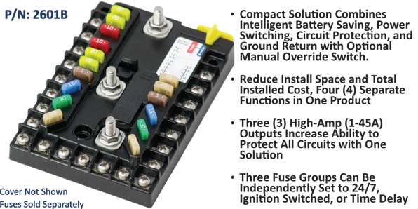 EGIS PDM 2601B power distribution module, 14 circuits plus ground, coloured fuses and two studs, kill switch fitted