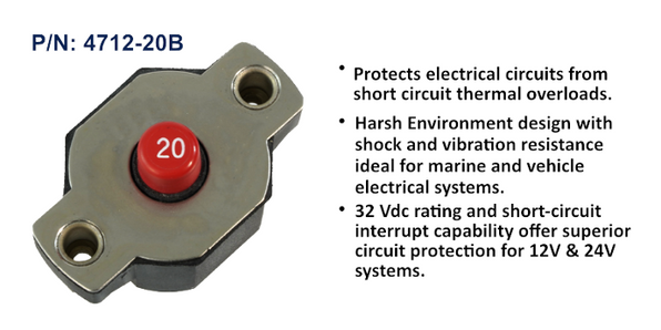 EGIS Medium Duty 20A Circuit Breaker, Push Button