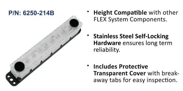 EGIS 6250-214 MaxiBus busbar, long clear cover over 14 screw terminals and two stud caps, with feature text