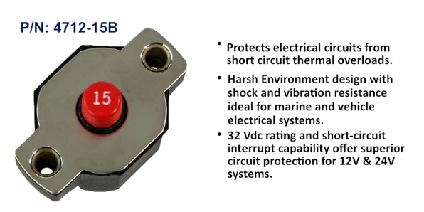 EGIS Medium Duty 15A Circuit Breaker, Push Button