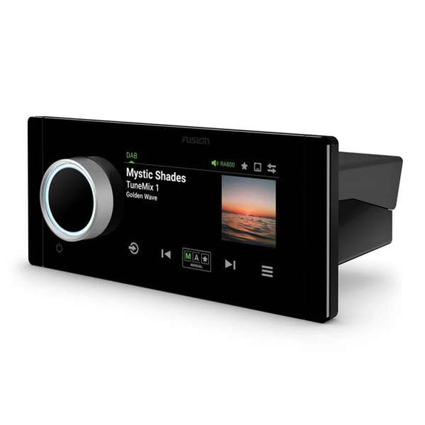 Fusion Apollo MS-RA800 010-02937-01 marine stereo, angled view with rotary dial and track display