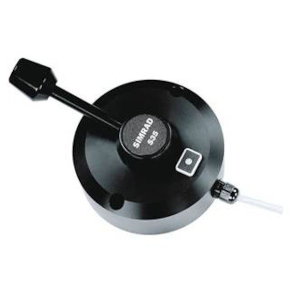 Simrad S35 autopilot steering lever unit 23241227, black round base with SIMRAD badge, push button and lever