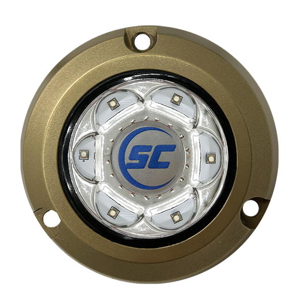 Shadow-Caster SC2-BB-BZSM SC2 series bronze underwater light, Bimini Blue, round bronze housing, ring of LEDs, SC logo