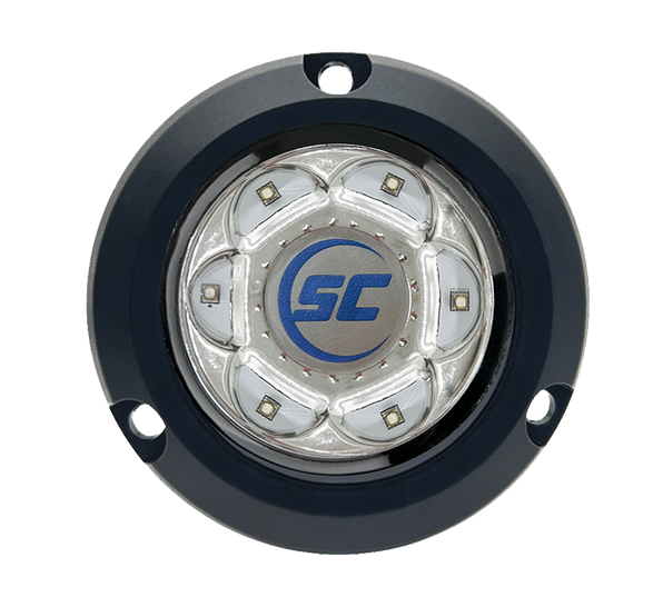 Shadow-Caster SC2-GW-CSM SC2 series composite underwater light, Great White, round dark housing with LEDs and an SC logo