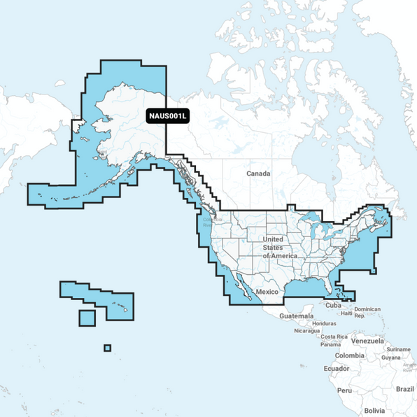 Garmin Navionics 010-C1366-30 U.S. and Coastal Canada NAUS001L coverage map, blue outline round North America