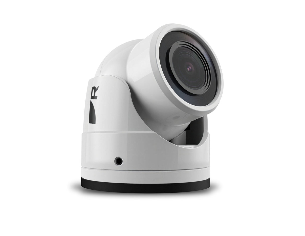 Raymarine CAM400 White E70716 HD day and night IP camera, gloss white ball camera on its base, angled view