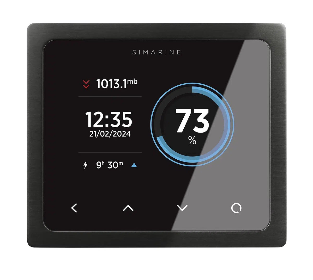 Simarine PICO battery monitor panel mount version in black showing the home screen