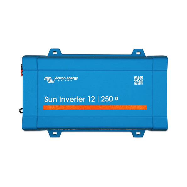 Victron SIN121251100 Sun Inverter 12/250-15 IEC, flat blue inverter labelled Sun Inverter 12 | 250 with an orange stripe